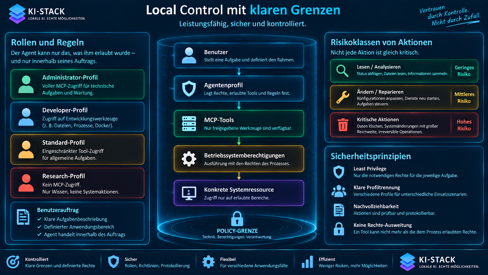 Local Control arbeitet innerhalb klarer Grenzen. Benutzerauftrag, Agentenprofil, freigegebene MCP-Tools, Betriebssystemrechte und die konkrete Systemressource bilden gemeinsam die Policy-Grenze.