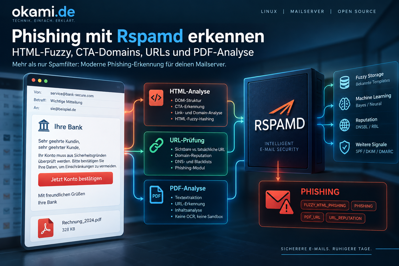 Moderne Phishing-Erkennung mit Rspamd: E-Mail mit HTML-Struktur, CTA-Button und PDF-Anhang, die gemeinsam in verschiedene Analysepfade von Rspamd einlaufen.
